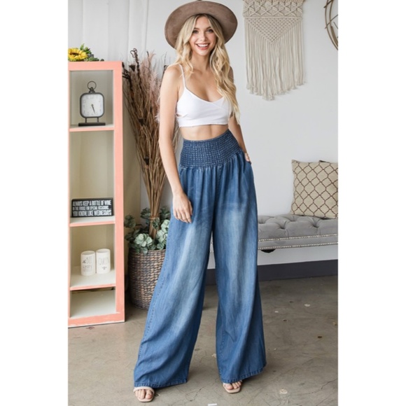SOLD OUT Denim Blue Washed Wide Palazzo Leg Tencel Casual Smocked High Waist - Picture 2 of 5